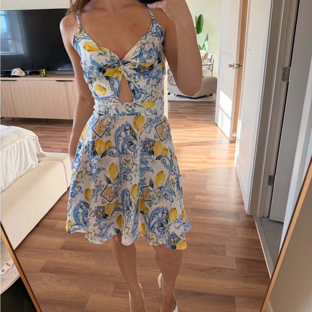 Boutique Diana Positano Tie-Front Lemon Print Sundress - White/Blue/Yellow